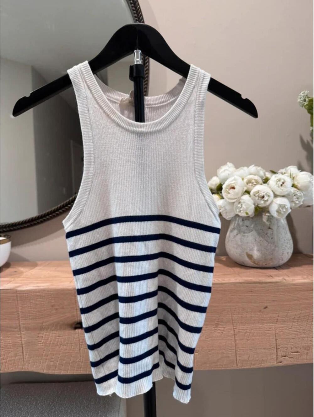 Medium Navy And White Stripe Sleeveless Knitted Top